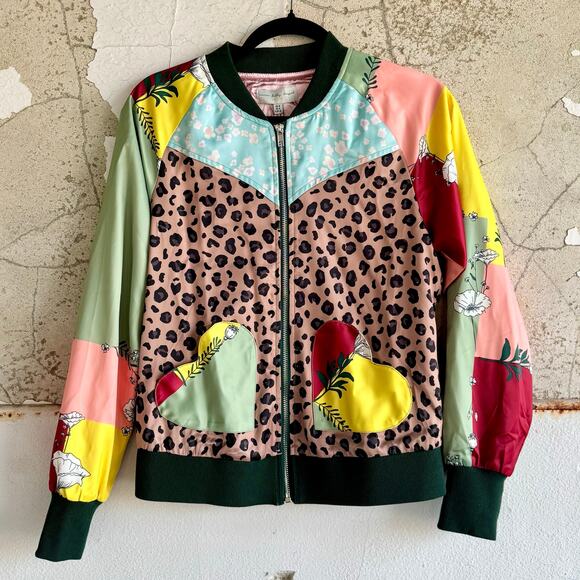 Patchwork Bomber Jacket NWT Boho Leopard Floral Print Colorblock Satin Women’s 4 - Picture 1 of 5